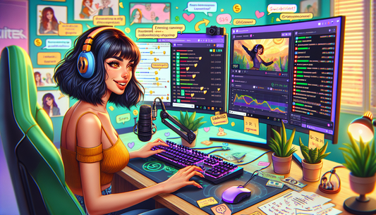 A vibrant Twitch streamer engaging her growing community while analyzing channel stats.