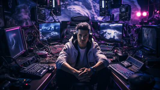 "Twitch streamer surrounded by high-end gaming equipment, choosing the perfect gear."