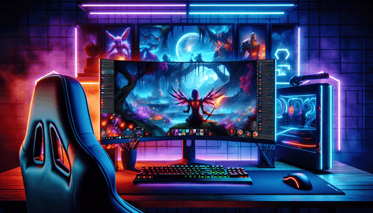 A neon-lit gaming setup showcases a Twitch streamer playing a fantasy RPG with dynamic OBS overlays.