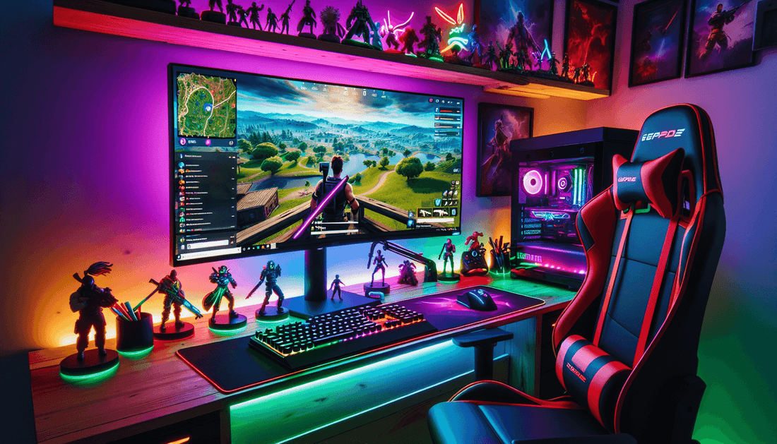 A vibrant gaming setup with neon lights, showcasing Fortnite's dynamic landscapes and a Twitch chat overlay.