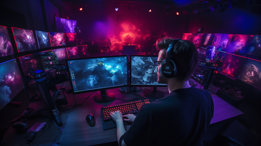 Twitch streamer customizing vibrant, interactive overlays for an immersive gaming experience.