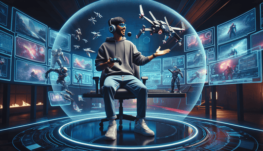 A futuristic gamer setup with holographic screens, VR gear, and a streamer engaging with a massive online audience.