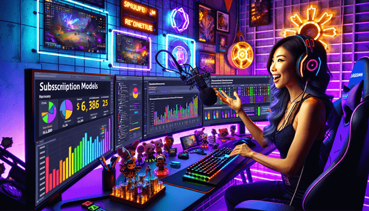 A vibrant Twitch streamer analyzes subscription models, ad revenue, and monetization strategies in a dynamic gaming setup.