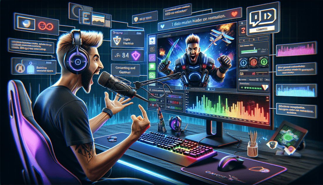 A dynamic Twitch streamer overlays bespoke visuals, enhancing performance and viewer engagement with immersive gaming experiences.