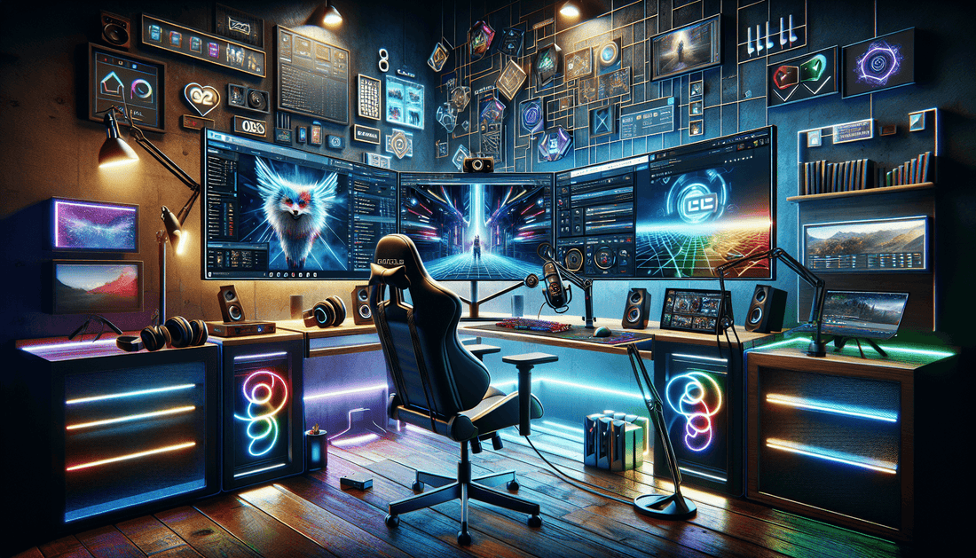 A vibrant gaming setup showcases advanced OBS features, seamlessly integrating bespoke visuals for an immersive stream.