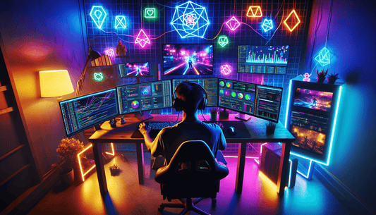 A vibrant gaming setup with neon lights, showcasing a streamer strategizing for audience growth and retention.