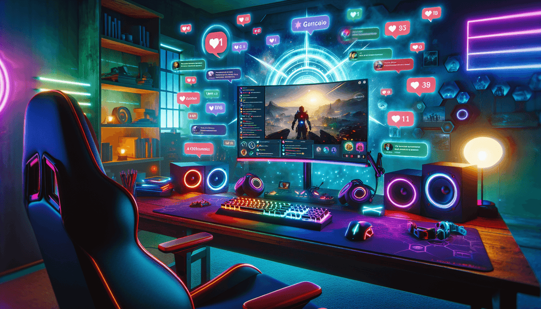 A vibrant gaming setup with interactive overlays, chat buzzing, and enthusiastic testimonials scrolling across the screen.