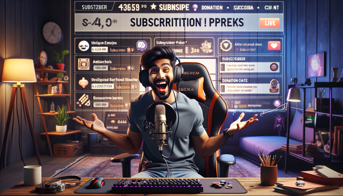 A Twitch streamer passionately explaining subscription benefits to retain loyal followers.