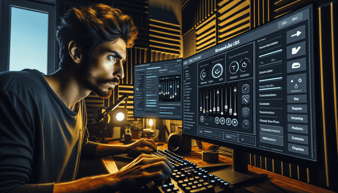 A Twitch streamer manipulating advanced Streamlabs OBS settings to optimize streaming quality using algorithms.