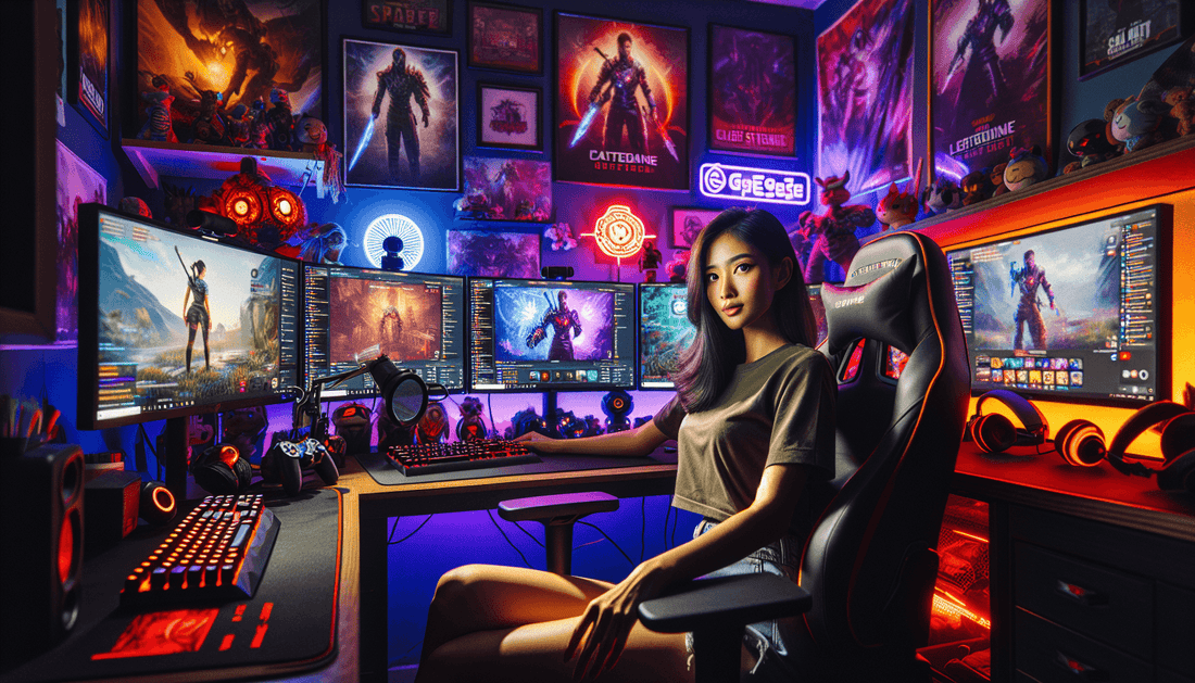 Successful streamer showcasing vibrant Twitch branding elements in his gaming lair.