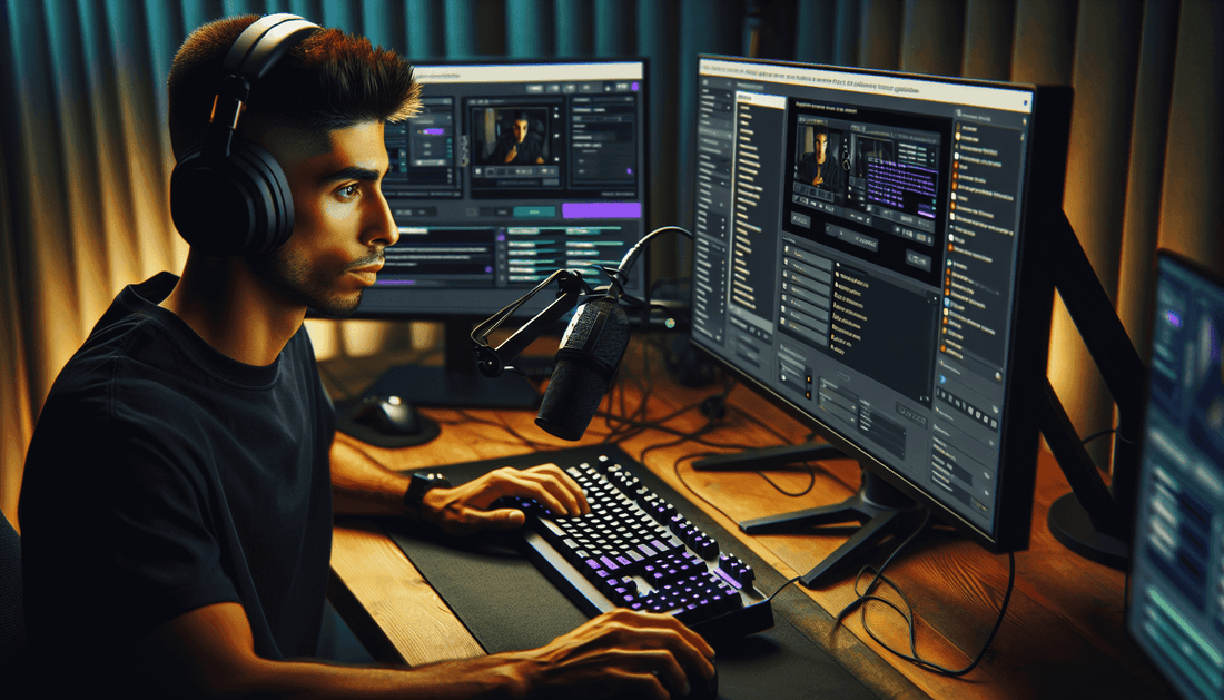 A Twitch streamer adjusts OBS settings, integrating bespoke visuals for a seamless, personalized gaming experience.