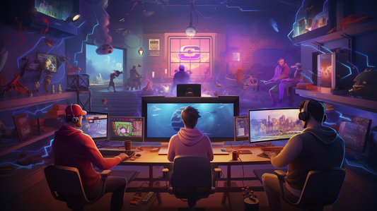 "A vibrant, competitive scene of Twitch streamers, showcasing skills and engaging with their online communities."