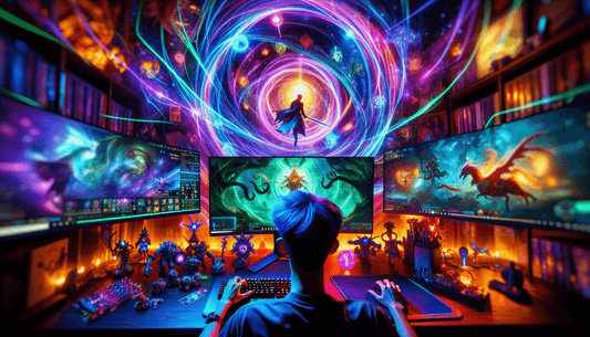 A vibrant gaming setup with neon lights, showcasing a streamer immersed in a fantasy RPG adventure.