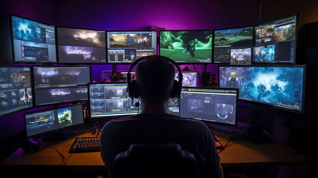 A Twitch streamer meticulously adjusts his audio setup amidst multiple display captures and webcams.