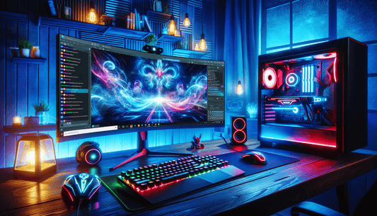 A vibrant gaming setup showcases custom OBS visuals, enhancing the Twitch streamer's interactive live experience.