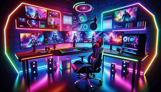 A vibrant gaming setup with custom OBS overlays, neon lights, and a futuristic streamer interface.