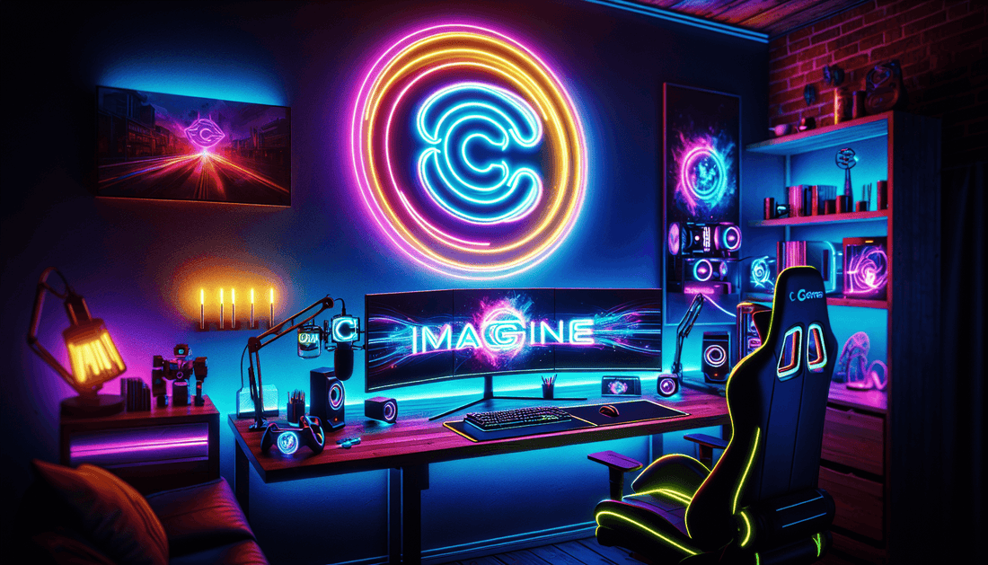 A vibrant gaming setup with neon lights, custom logo, and cohesive color scheme enhances streamer brand identity.