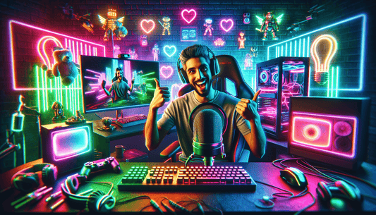 A vibrant gaming setup with neon lights, featuring a Twitch streamer, designed using Adobe Photoshop and Blender.