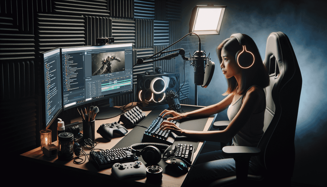 Twitch streamer perfecting live streaming setup with Streamlabs OBS for an immersive gaming experience.