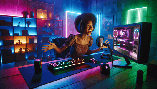 A vibrant gaming setup features RGB lights, dual monitors, and a charismatic streamer engaging viewers.