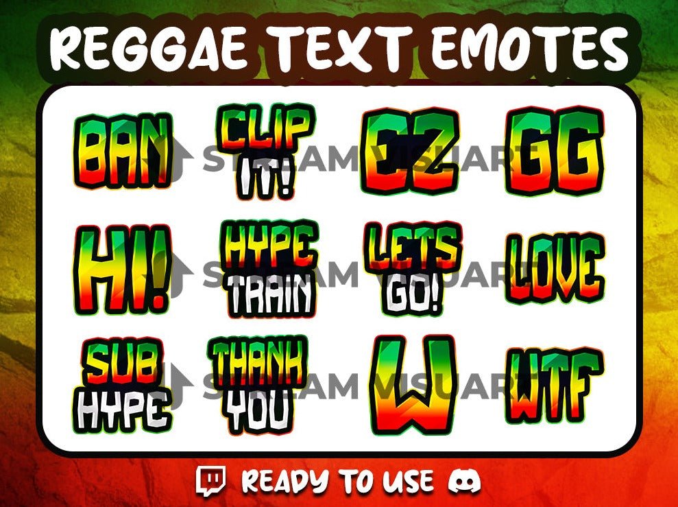 12 émoticônes de texte Twitch Reggae | Twitch Emoji Sub Emoticons, Discord, Youtube, Facebook - StreamVisuArt