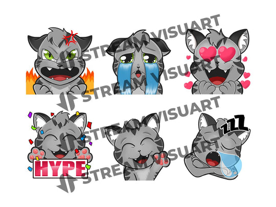 Chat Kawaii Emotes 6-Pack (4 couleurs) - StreamVisuArt