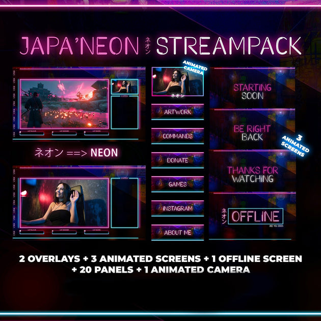 Japan Neon Stream Pack Overlays - StreamVisuArt