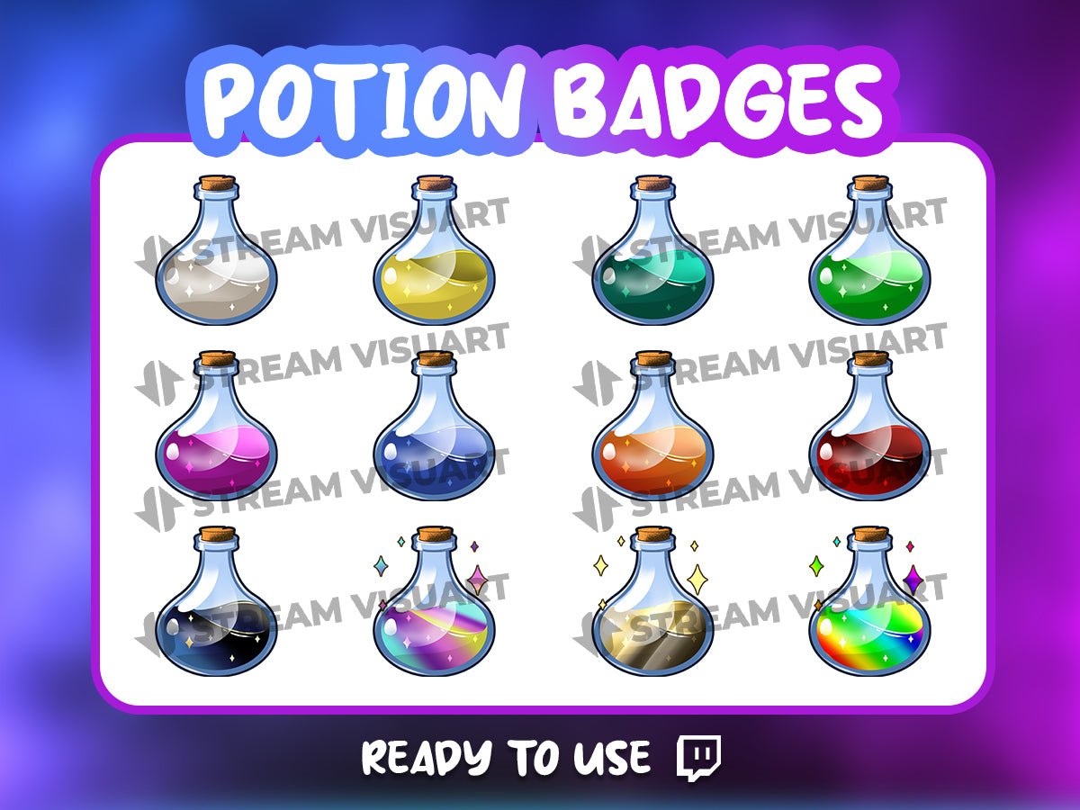 Potions Twitch Subscriber Badges Chat Fantasy Colored Vials Sub Bit Cheer VIP - StreamVisuArt