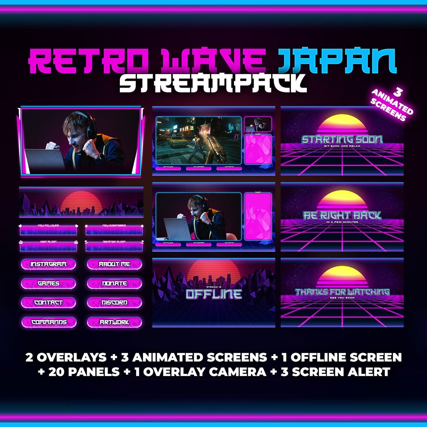 Retro Wave Japon Stream Pack Overlays - StreamVisuArt
