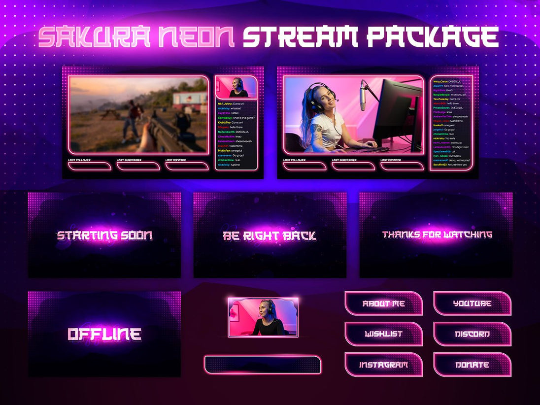 Sakura Neon Stream Package, Twitch Package, Kawaii Stream Overlay, Pink Streaming Screen - StreamVisuArt